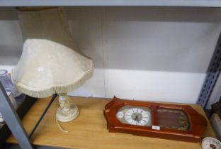 ?ABBEY, CITY OF LINCOLN? MODERN WALL CLOCK, and a WHITE PLASTER TABLE LAMP, moulded with fruiting