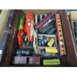 SMALL SELECTION OF 'OO' AND 'O' GAUGE MODEL RAIL, MAINLY PLAYWORN.  TOGETHER WITH A SMALL PAINTED