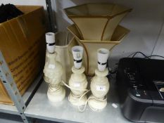 A WHITE ONYX VASE TABLE LAMP AND SILK SHADE AND TWO OTHER ONYX LAMPS AND SHADES (3)