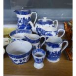 EIGHT ITEMS OF BLUE AND WHITE OLD WILLOW TO INCLUDE; A TEAPOT, JUGS AND BOWLS  (8)