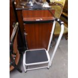 A TUBULAR METAL STEP STOOL, WITH SIDE HANDLE AND A VALET STAND, WITH TROUSER PRESS (2)