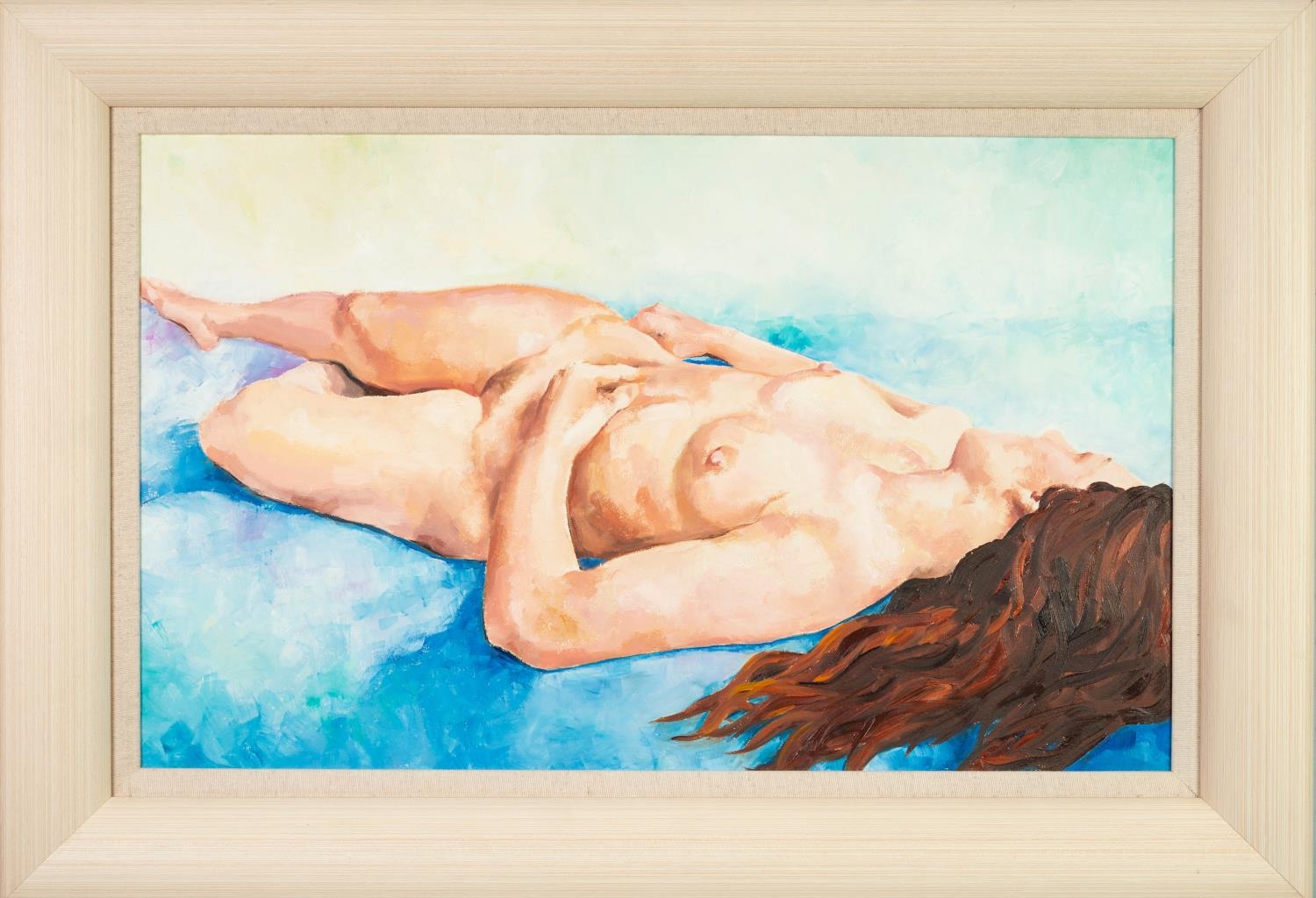 RICK ROBERTS OIL PAINTING ON BOARD Girl with the Flowing Hair, a reclining female nude Signed and - Image 2 of 2