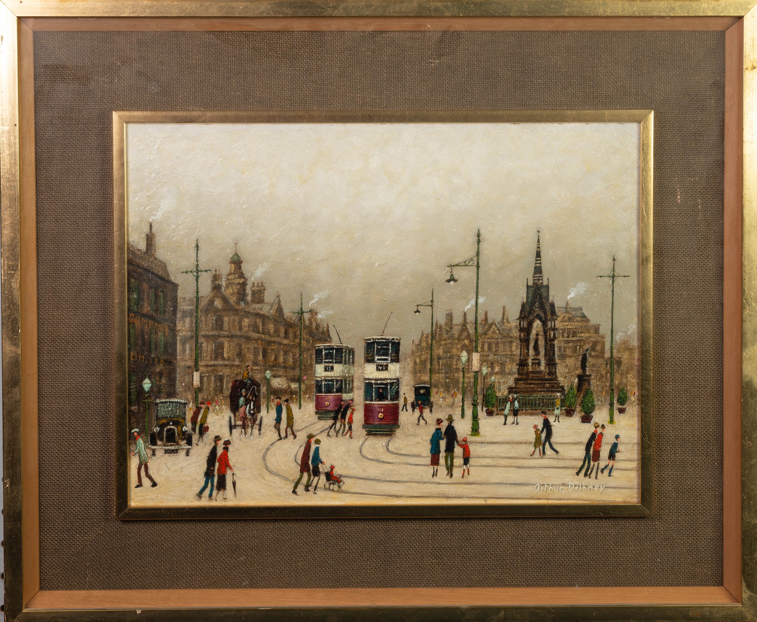 ARTHUR DELANEY (1927-1987) OIL PAINTING Albert Square, Manchester with figures and two trams - Image 2 of 2