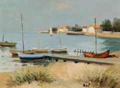 MARCEL DYF (1899-1985) OIL PAINTING ON CANVAS 'The Landing Stage' Signed, titled to label verso 9" x