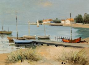 MARCEL DYF (1899-1985) OIL PAINTING ON CANVAS 'The Landing Stage' Signed, titled to label verso 9" x