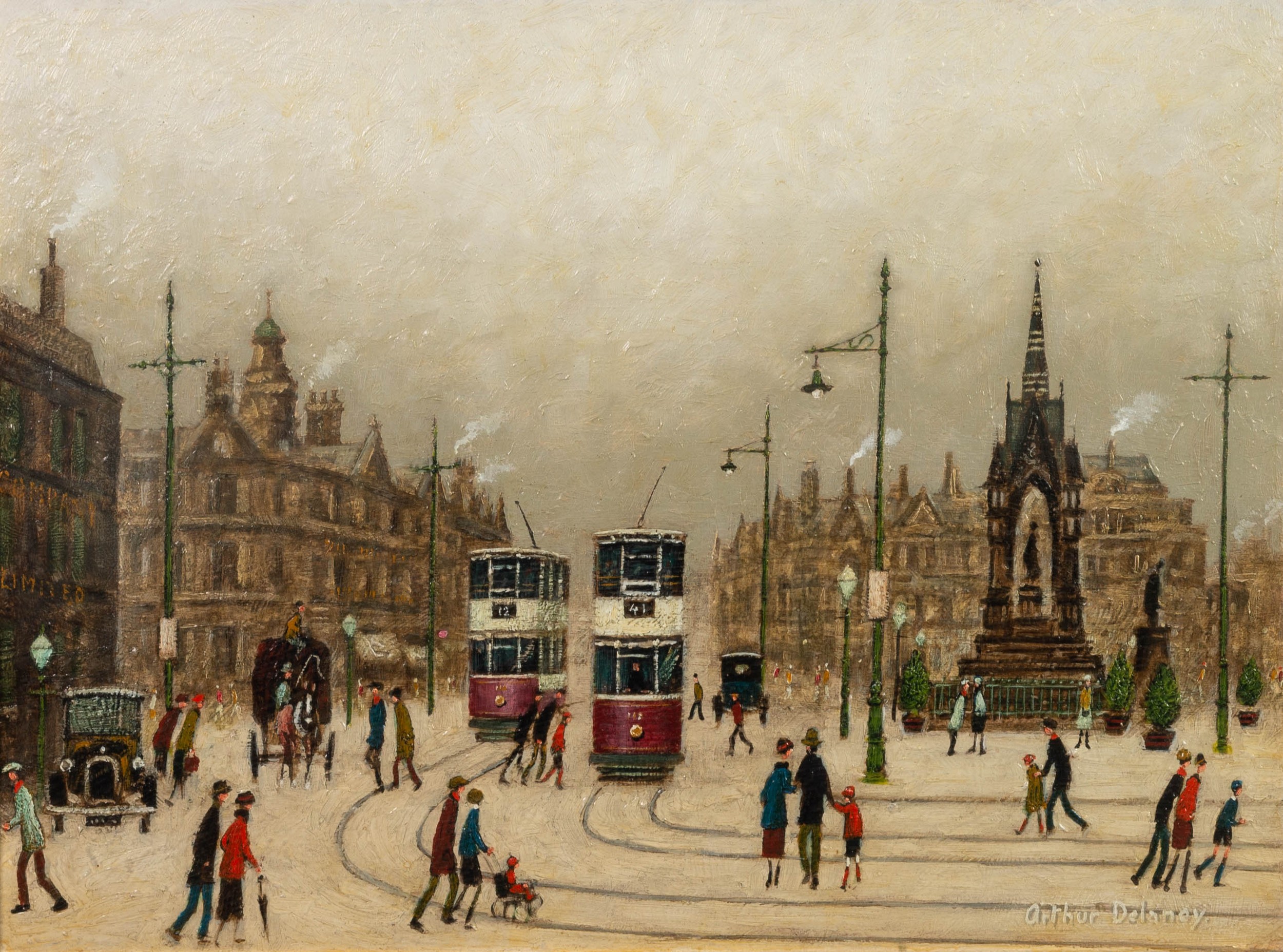 ARTHUR DELANEY (1927-1987) OIL PAINTING Albert Square, Manchester with figures and two trams