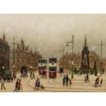 ARTHUR DELANEY (1927-1987) OIL PAINTING Albert Square, Manchester with figures and two trams