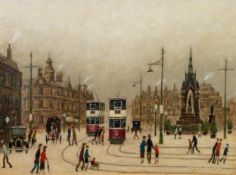 ARTHUR DELANEY (1927-1987) OIL PAINTING Albert Square, Manchester with figures and two trams