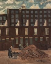 ROGER HAMPSON (1925 - 1996) OIL PAINTING ON BOARD Death of Gibbon Street Signed lower right and