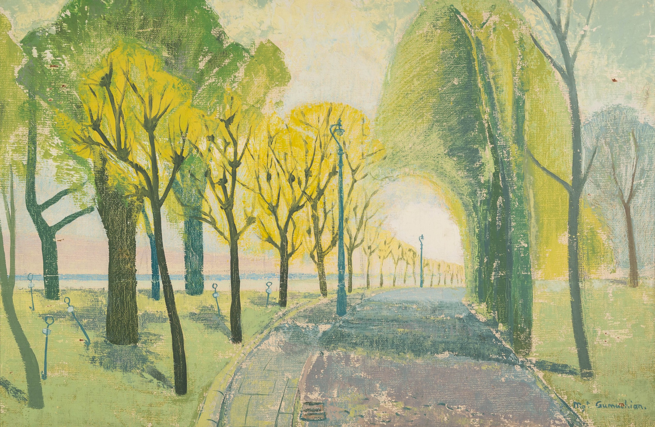 MARGARET GUMUCHIAN (1928 - 1999) OIL PAINTING ON ARTIST'S BOARD Dunoon, with avenue of trees