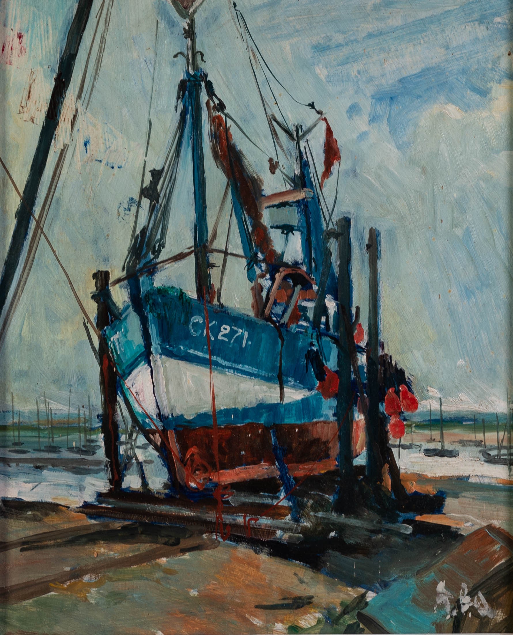 ALBERT B. OGDEN (b. 1928) OIL PAINTING ON BOARD Colchester registered fishing boat drawn up in