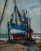 ALBERT B. OGDEN (b. 1928) OIL PAINTING ON BOARD Colchester registered fishing boat drawn up in