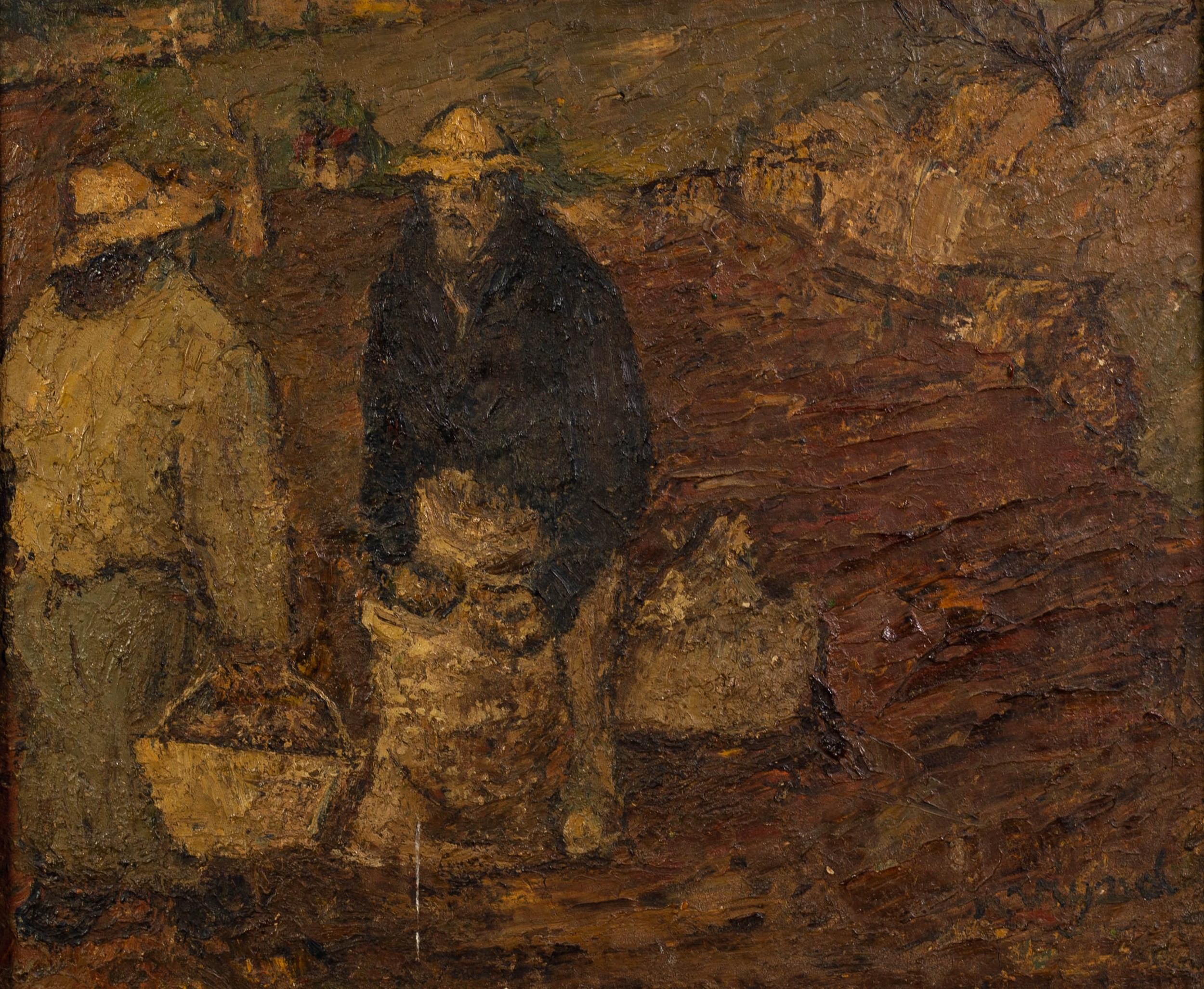 20th CENTURY FRENCH SCHOOL IMPASTO OIL PAINTING ON CANVAS Landscape with two farm workers in the