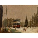 ARTHUR DELANEY (1927-1987) OIL PAINTING Albert Square, Manchester with figures and tram Signed 11 ¾?