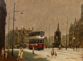 ARTHUR DELANEY (1927-1987) OIL PAINTING Albert Square, Manchester with figures and tram Signed 11 ¾?