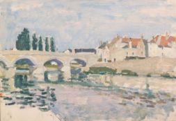 HARRY RUTHERFORD (1903 - 1985) OIL PAINTING ON ARTIST'S BOARD French town viewed across a river with