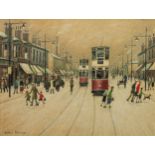 ARTHUR DELANEY (1927-1987) OIL PAINTING Busy street scene with figures and two trams Signed 11 ¾?