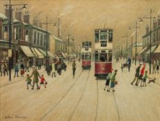 ARTHUR DELANEY (1927-1987) OIL PAINTING Busy street scene with figures and two trams Signed 11 ¾?