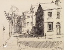 ROGER HAMPSON (1925 - 1996) BLACK PEN DRAWING Edith Street with Gilnow Steps, Bolton Signed and