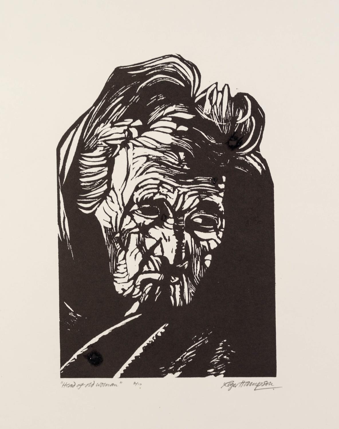 ROGER HAMPSON (1925 - 1996) BLACK & WHITE LINOCUT Head of an Old Woman Signed, titled and numbered