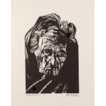 ROGER HAMPSON (1925 - 1996) BLACK & WHITE LINOCUT Head of an Old Woman Signed, titled and numbered