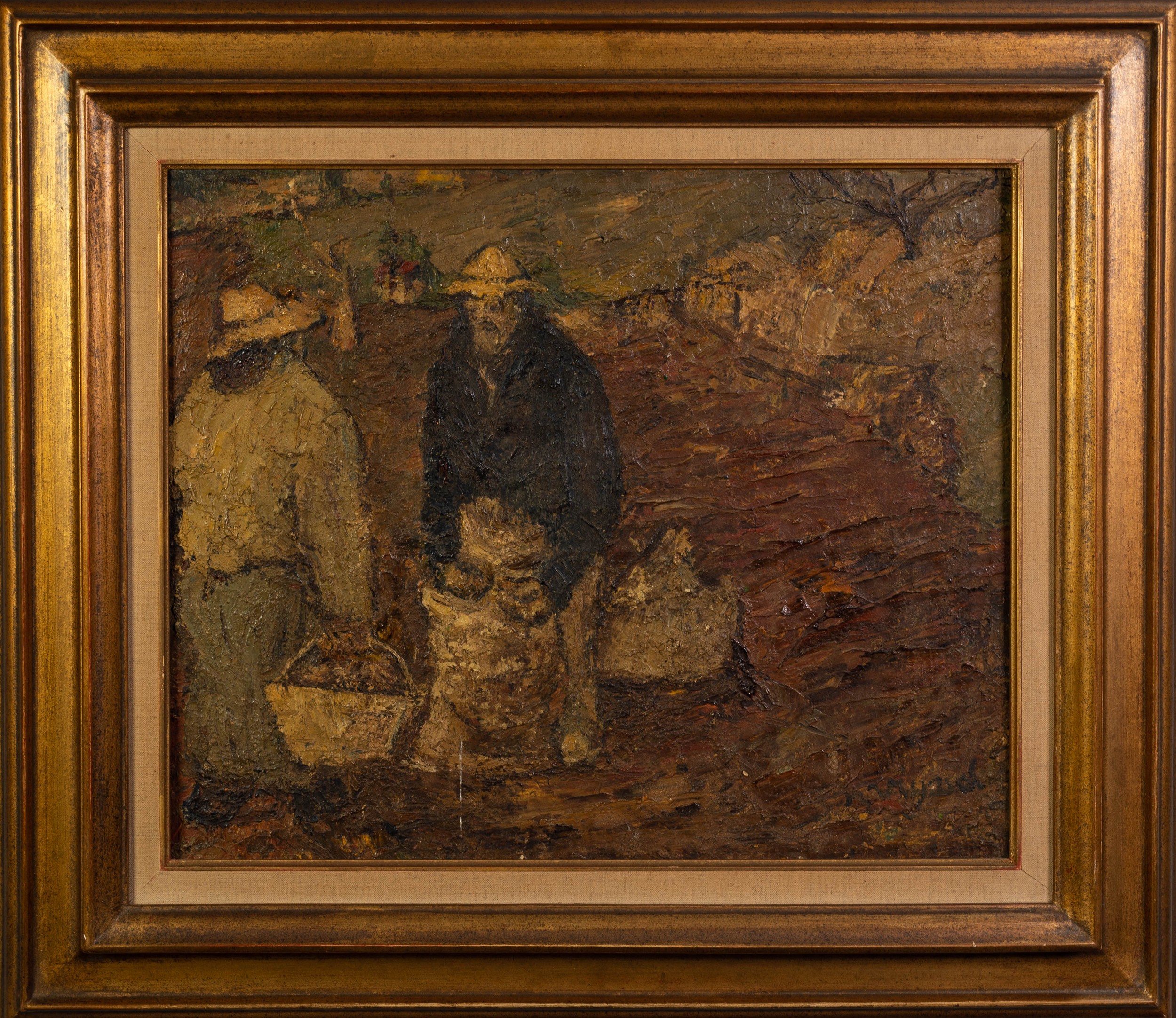 20th CENTURY FRENCH SCHOOL IMPASTO OIL PAINTING ON CANVAS Landscape with two farm workers in the - Image 2 of 5