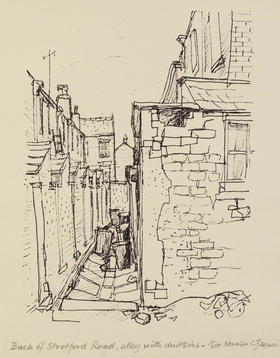 NORMAN JAQUES (1922-2014) ARTIST SIGNED LIMITED EDITION PRINT OF A PEN AND INK SKETCH ?Back of