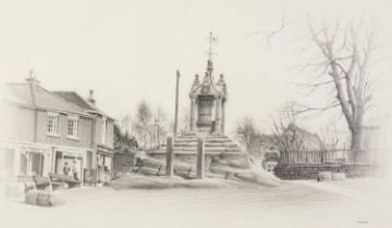 MARC GRIMSHAW (1957) PENCIL DRAWING Lymm Cross Signed lower right 9in x 15 1/4in (23 x 39cm)