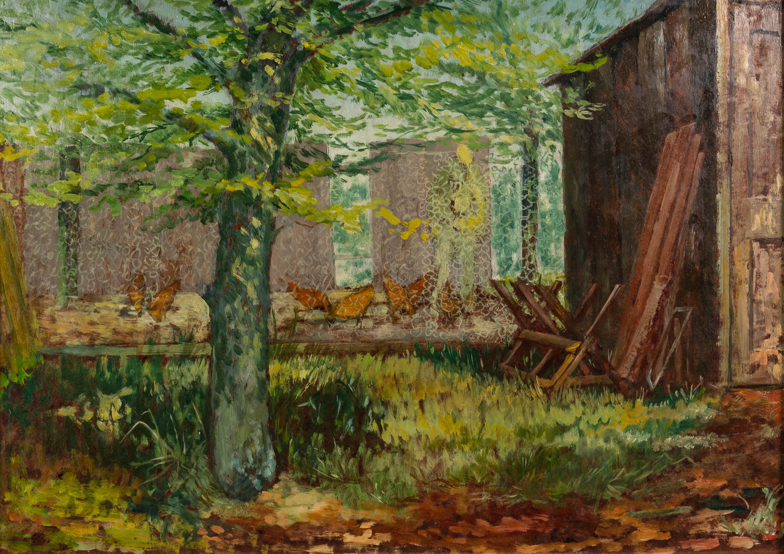 ALBERT B. OGDEN (b.1928) OIL ON BOARD Back Garden with Chicken Coop Unsigned 18? x 25? (45.7cm x