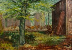 ALBERT B. OGDEN (b.1928) OIL ON BOARD Back Garden with Chicken Coop Unsigned 18? x 25? (45.7cm x