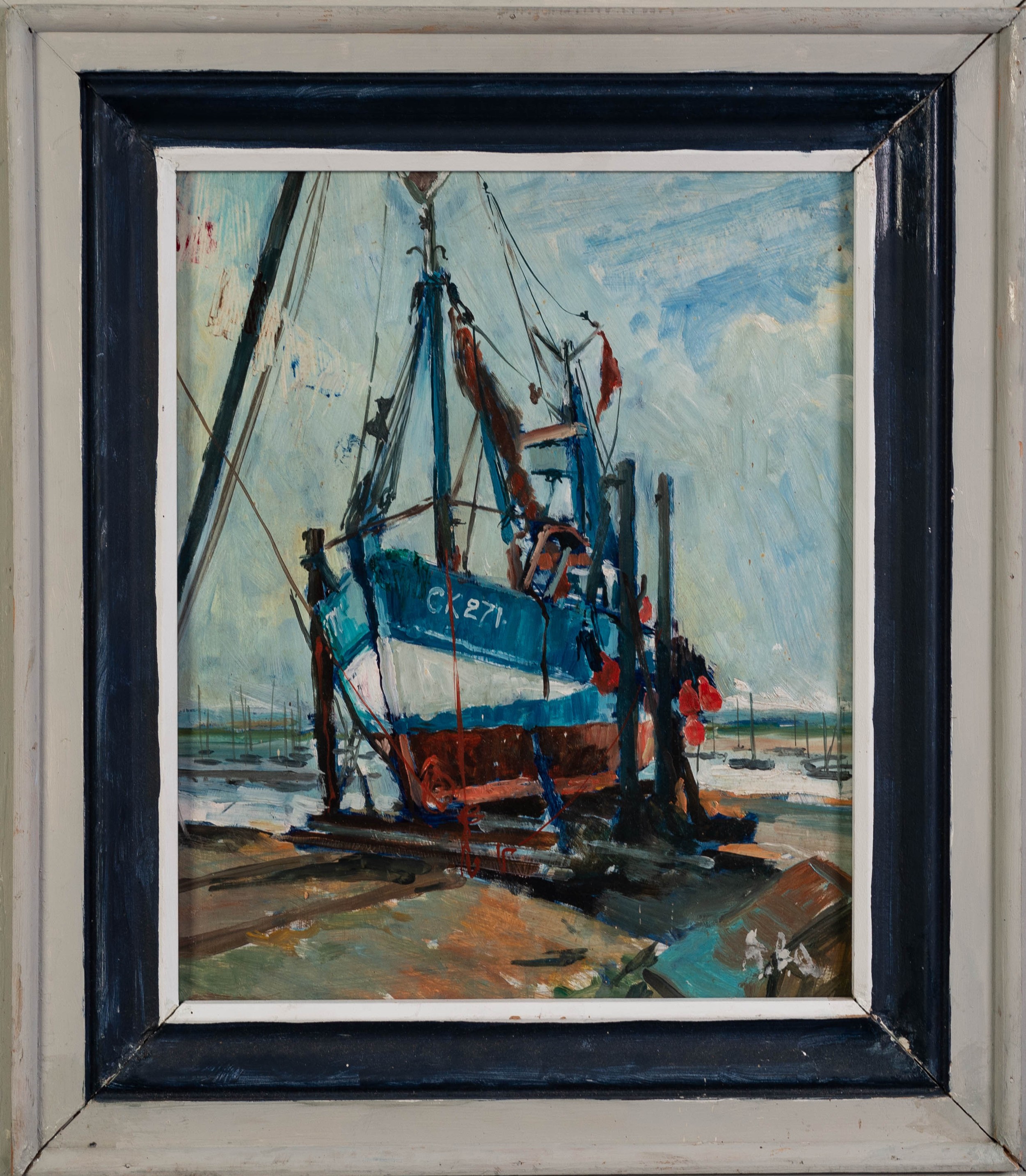 ALBERT B. OGDEN (b. 1928) OIL PAINTING ON BOARD Colchester registered fishing boat drawn up in - Image 2 of 2