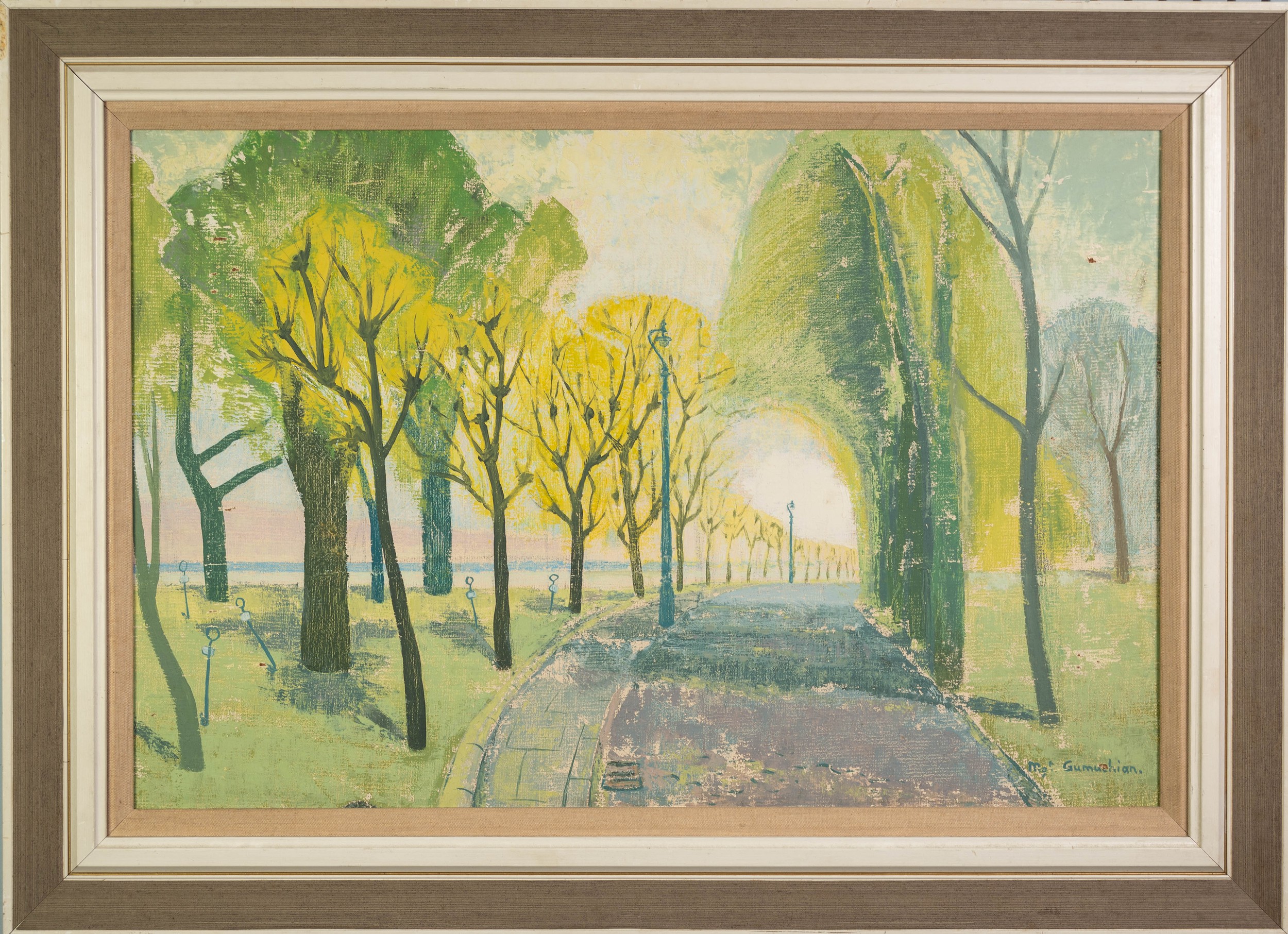 MARGARET GUMUCHIAN (1928 - 1999) OIL PAINTING ON ARTIST'S BOARD Dunoon, with avenue of trees - Image 2 of 2