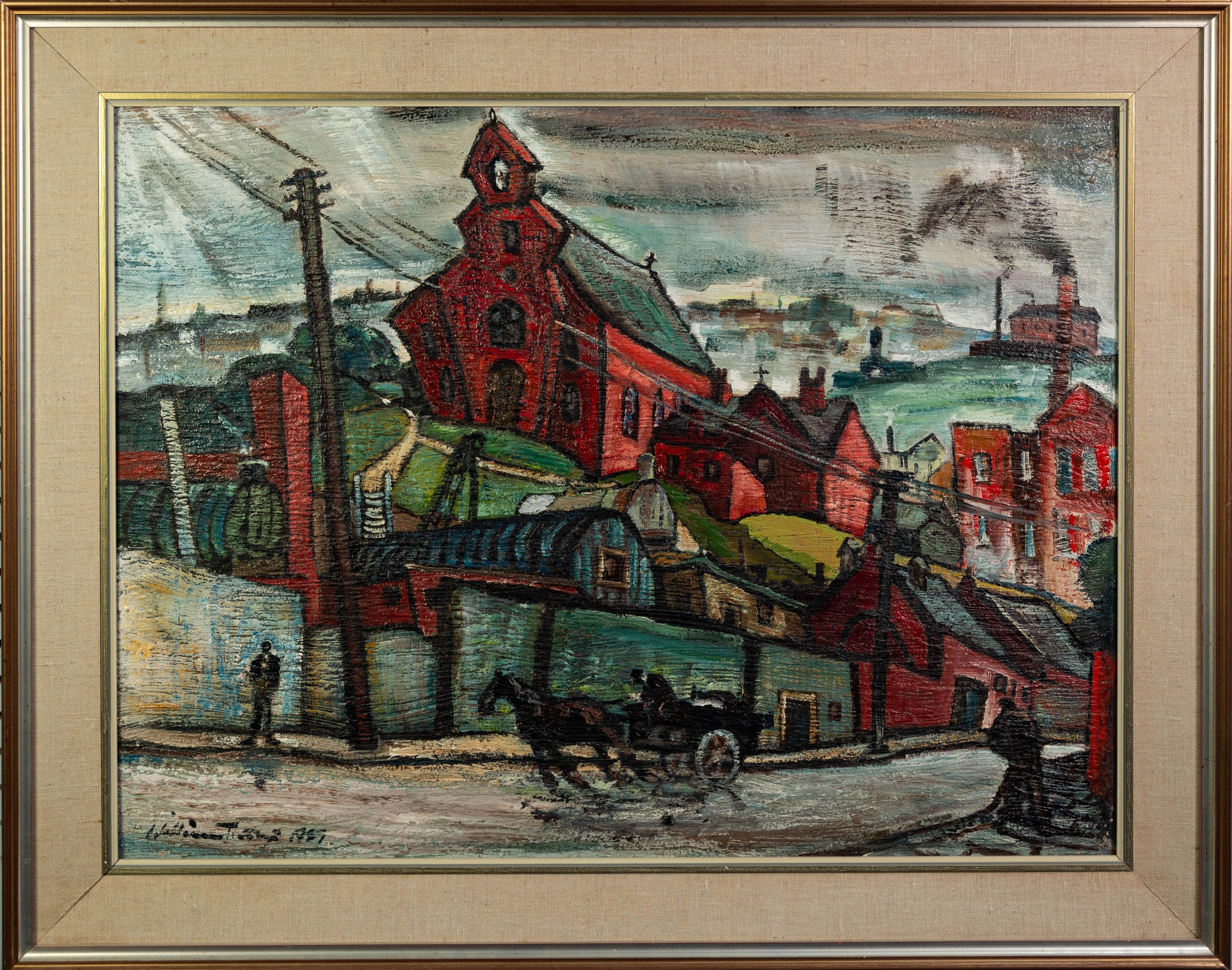 WILLIAM TURNER (1920 - 2013) OIL PAINTING ON BOARD Slaughter Lane and Red Church, Stockport Signed - Image 2 of 2