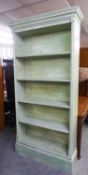 A LIGHT BLUE SCUMBLED FINISH LARGE FIVE TIER OPEN BOOKCASE, 3' WIDE X 7' HIGH