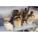 STONEWARE ITEMS TO INCLUDE; A J.H. JONES & SONS FLAGON, A HAWORTH AND CO. FLAGON, A MINIATURE '