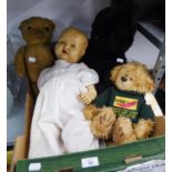 A VINTAGE TEDDY BEAR, (VERY PLAY WORN); TWO MODERN TEDDY BEARS; A BRITISH MADE HARD PLASTIC LARGE