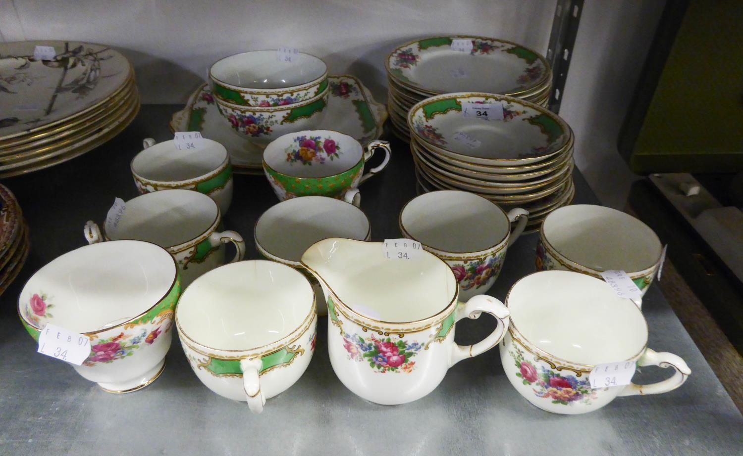 PARAGON BONE CHINA PART TEA SERVICE IN GREEN FLORAL PRINTED DECORATION FOR 12 PERSONS, (37 PIECES)
