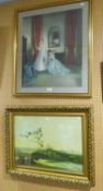 VERNON WARD FRAMED COLOUR PRINT AND ANOTHER, INTERIOR WITH DRESS FITTING (2)