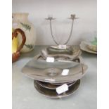 BORROWDALE HAND-BEATEN STAINLESS STEEL TWO BRANCH CANDLE HOLDER AND SEVEN OTHER PIECES, MAINLY