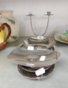 BORROWDALE HAND-BEATEN STAINLESS STEEL TWO BRANCH CANDLE HOLDER AND SEVEN OTHER PIECES, MAINLY