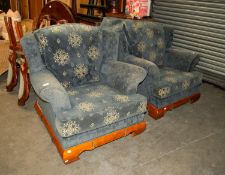CHINESE LOUNGE SUITE OF THREE PIECES, COVERED IN BLUE AND CUT PATTERN VELVET HAVING MAHOGANY SHOW-
