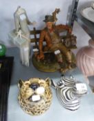 CAPO DI MONTE CHINA SEATED FIGURE OF A TRAMP ON A BENCH; TWO QUAILL POTTERY MASK HEAD WALL