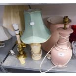 AN ALABASTER VASE TABLE LAMP AND SHADE, A LARGE PINK POTTERY VASE TABLE LAMP AND SHADE AND TWO BRASS