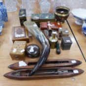 VICTORIAN PAPIER MACHE AND MOTHER O' PEARL BOX (A.F.), TWO WEAVING SHUTTLES, A COW HORN FLOWER