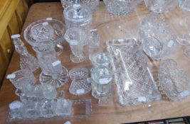 QUANTITY OF GOOD CUT AND MOULDED GLASSWARES TO INCLUDE; BISCUIT BARREL, CONDIMENT SETS, VINAIGRETTE,