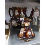VICTORIAN BARGEWARE POTTERY TEAPOT, a/f