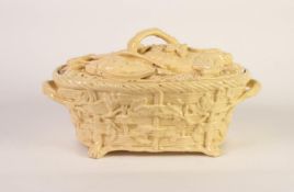 VICTORIAN MOULDED POTTERY TWO HANDLED ?CANEWARE? GAME PIE DISH WITH COVER AND LINER, of oval form,