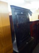 ANTIQUE DARK OAK CORNER CABINET, HAVING 'H' HINGES WITH KEY AND ANOTHER SMALL CORNER CABINET (2)