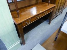 A MAHOGANY OBLONG WRITING TABLE, ON SQUARE TAPERING LEGS, FITTED WITH TWO FRIEZE DRAWERS, 4'6" x 2'