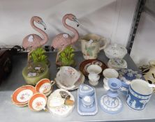 SIX PIECES OF BLUE AND WHITE WEDGWOOD JASPERWARE, A PAIR OF WEDGWOOD SMALL URNS, TWO PINK FLAMINGO
